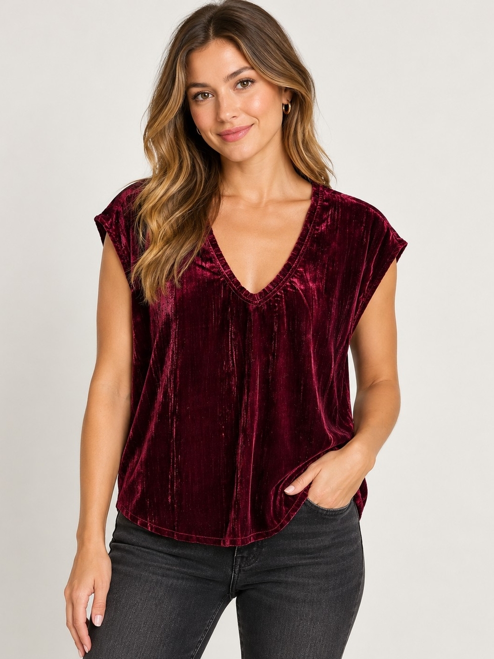 Dear John NWT L Burgundy Velvet V Neck Cap Sleeve Blouse Top Holiday